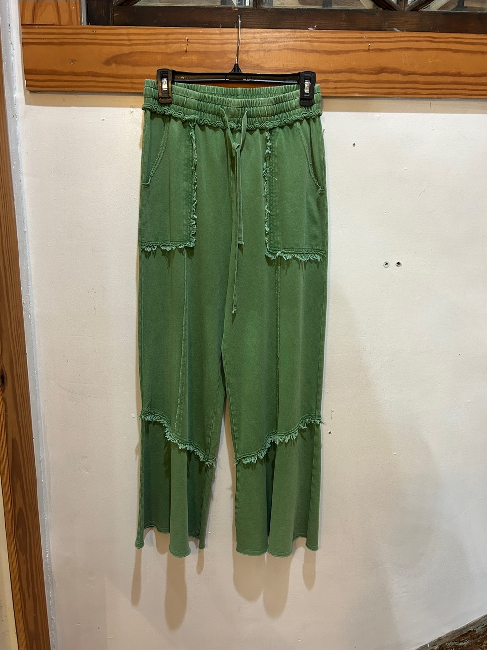 Easel Green Wide-Leg Mineral Wash Pants with Frayed Tier